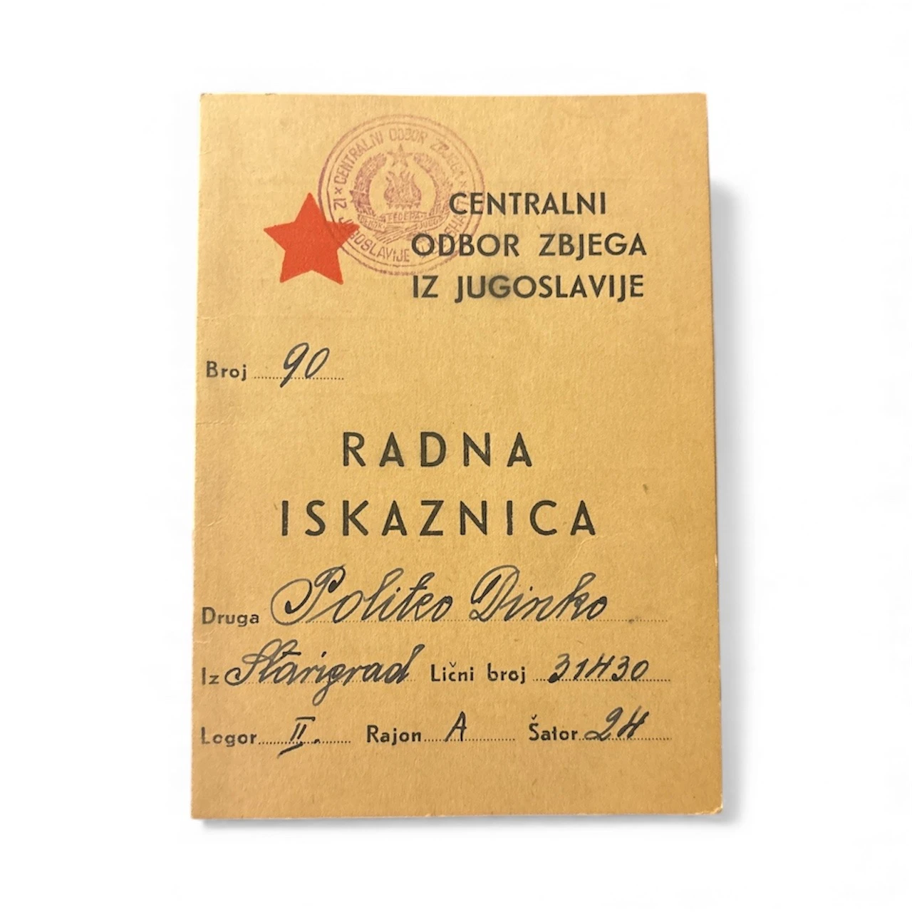 032. Centralni Odbor zbjega iz Jugoslavije- radna iskaznica