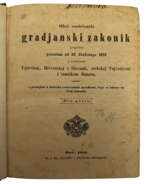 122. Obći austrianski gradjanski zakonik, proglašen patentom od 29. studenoga 1852. u kraljevinah Ugarskoj, Hervatskoj i Slavonii, serbskoj Vojvodovini i tamiškom Banatu I-III