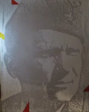 198. Plakat -Zvonimir Pliskovac: Tito u srebrnom rasteru s crvenim i žutim detaljima