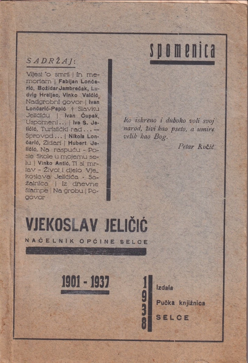 23. Vinko Antić: Spomenica Vjekoslavu Jeličiću načelniku općine Selce 1901.-1937.