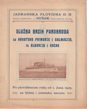 32. Turistička brošura ( cjenik i linije),  Služba brzih parobroda za Hrvatsko primorje i Dalmaciju te Albaniju i Grčku – Po plovidbenom redu od 1. juna 1925. za ljetnu i jesensku sezonu